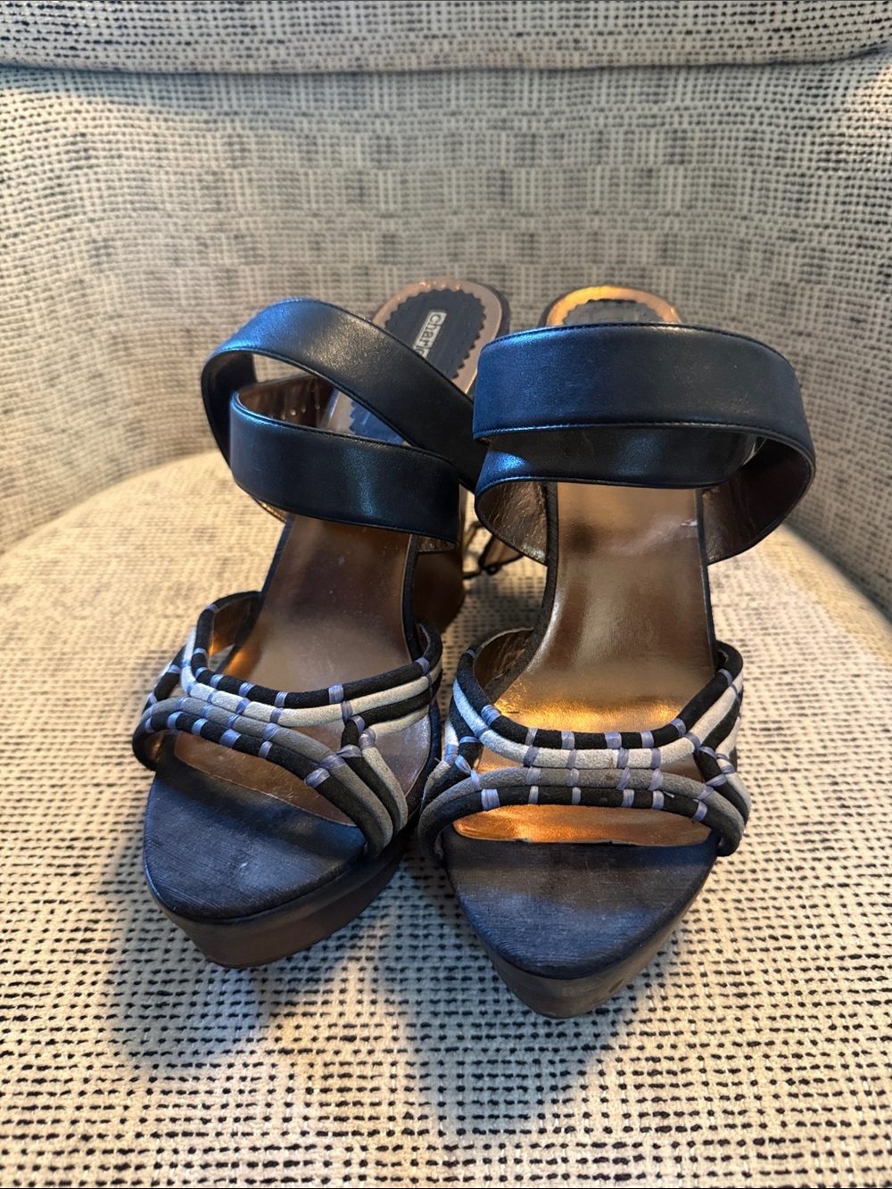 Charles David Black Strappy Platform Heels with Woven Accents